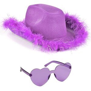 9151 Purple Cowgirl Hat And Heart Glasses- Fluffy For Women